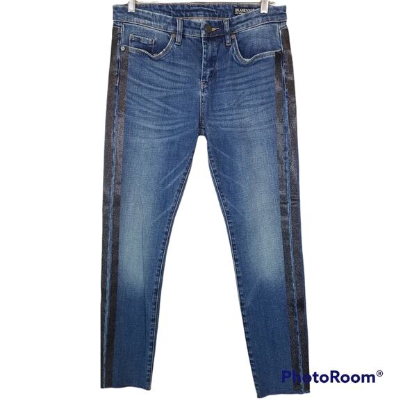 BLANK NYC Skinny Crop Jeans 28 Glitter Side Stripe Raw Hem Disco Party Fun - Picture 1 of 11